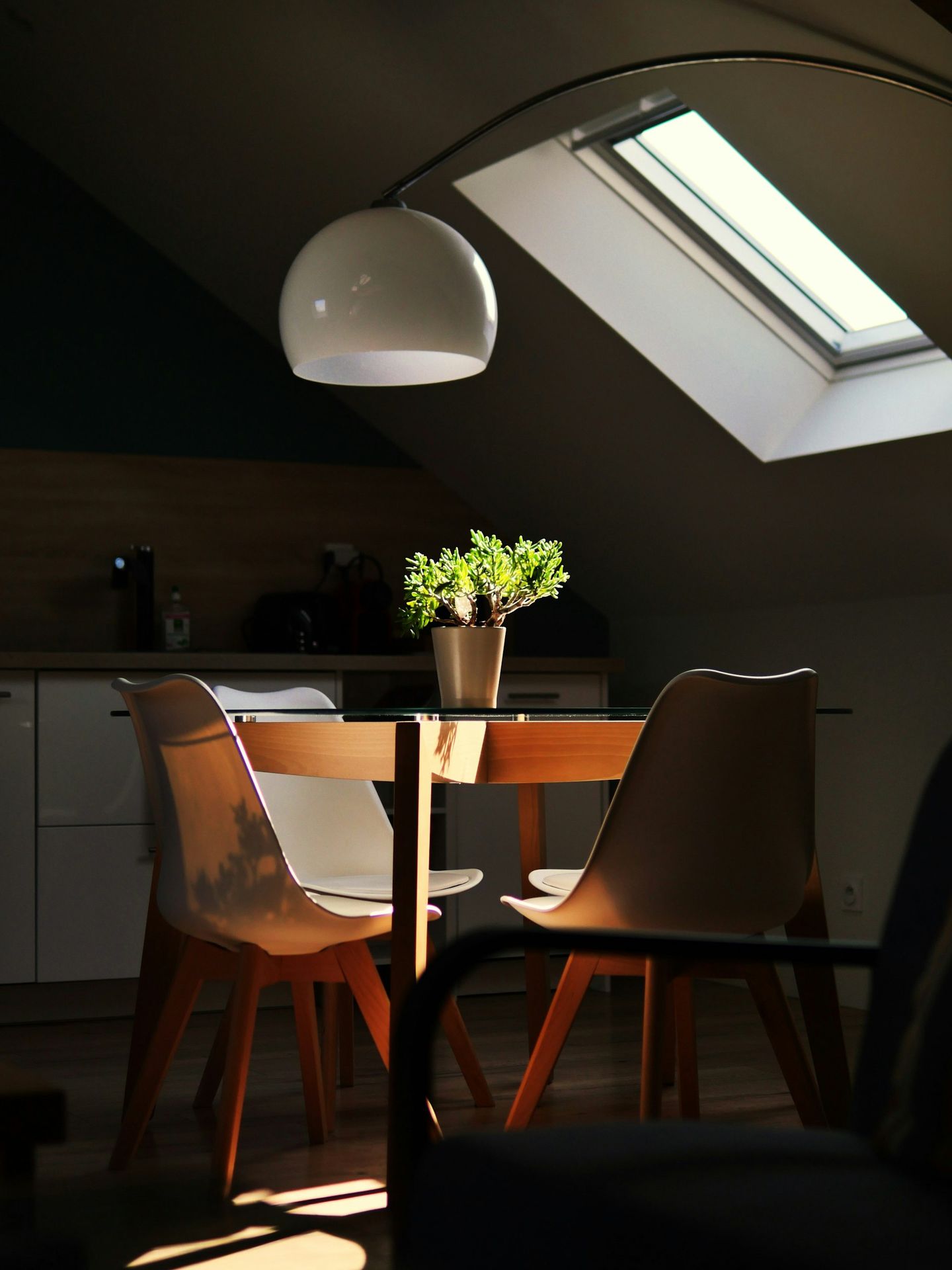 a dining room table with a potted plant on top of it